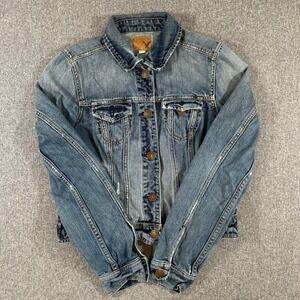 American Eagle Denim Jacket Womens Medium Blue Cotton Trucker Jean Coat Classic